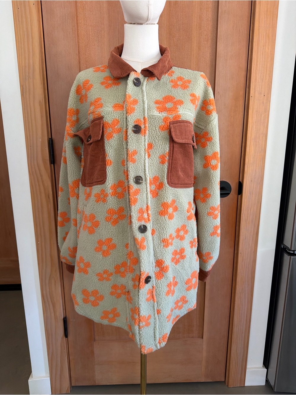 1.4.3. Story by Line Up Floral Fleece Shacket in Sage with Orange Flowers